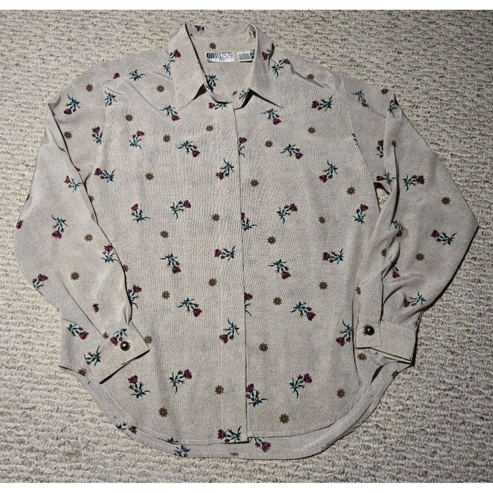 Russ Classic Vintage Long Sleeve Button Blouse Floral Brown Maroon Women's 12